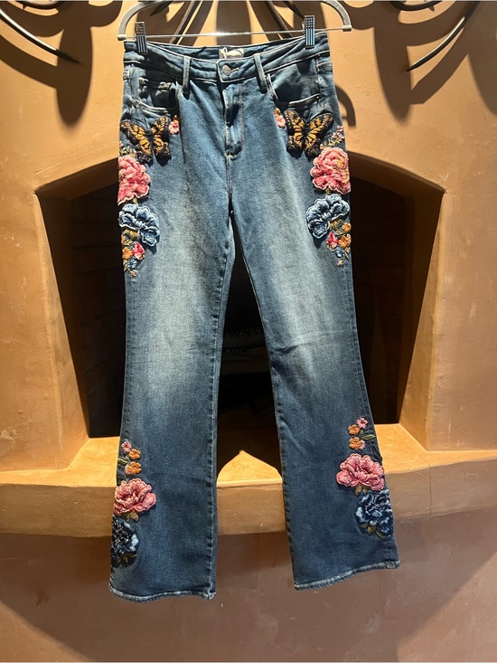 DRIFTWOOD Denim - DRIFTWOOD Blue Denim Flare Jeans with Embroidered Floral & Butterfly Accents